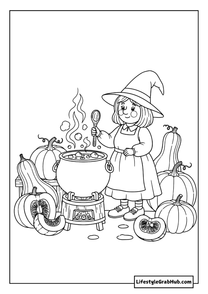 A WITCH MAKING PUMPKIN SOUP EASY HALLOWEEN COLORING PAGE