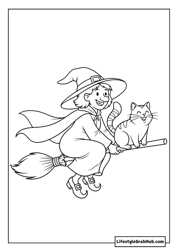WITCH FLYING WITH A HAPPY CAT COLORING PAGE