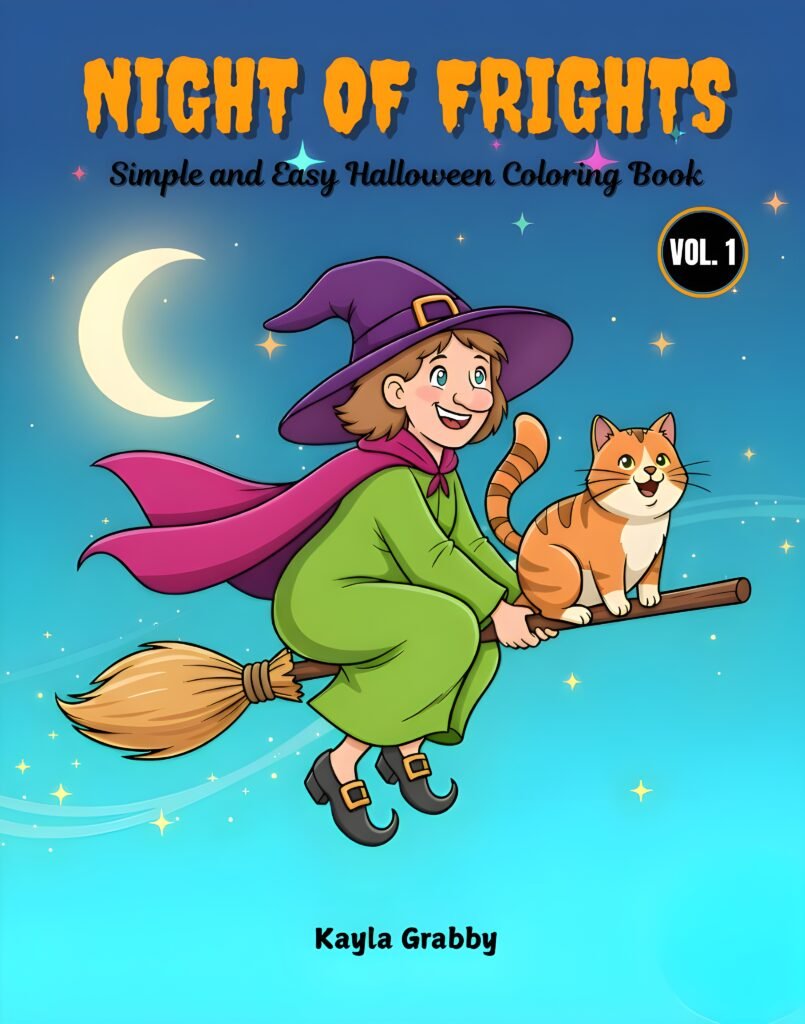 Night of Frights. Simple and easy Halloween coloring book for kids 