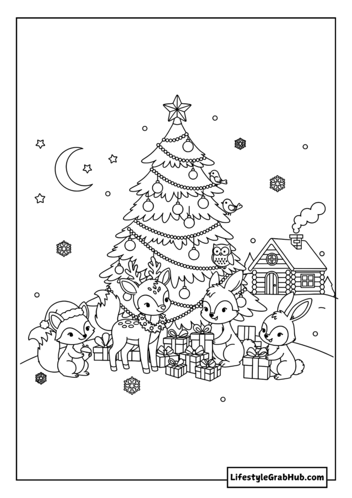 WOODLAND ANIMALS AROUND A CHRISTMAS TREE COLORING PAGE. EASY CHRISTMAS COLORING PAGES