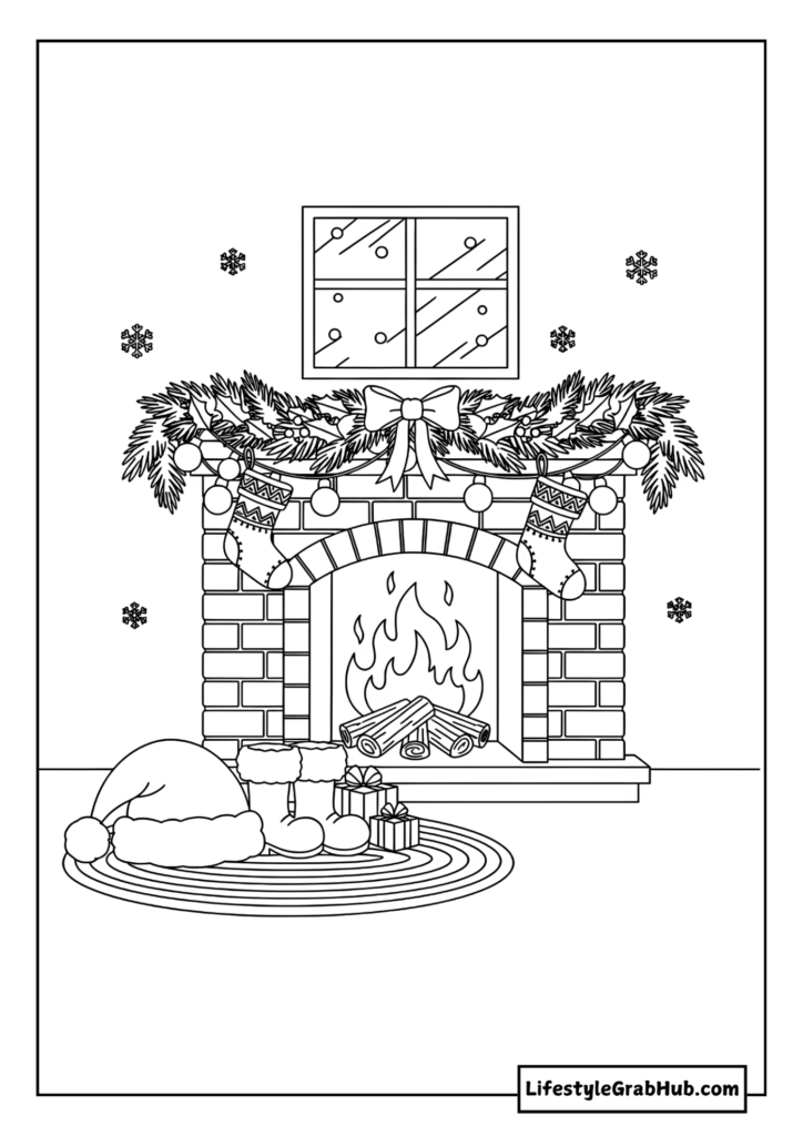 SANTA BOOTS AND HAT AT A FIREPLACE COLORING PAGE. FREE CHRISTMAS COLORING PAGES