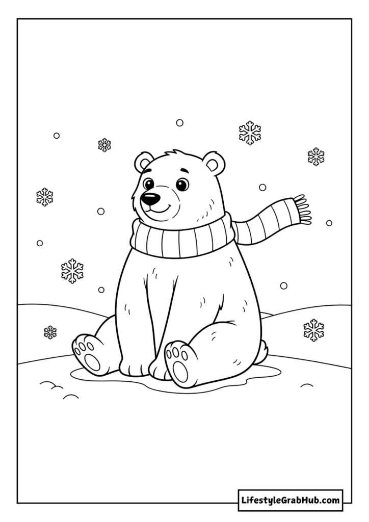 POLAR BEAR SITTING IN SNOW COLORING SHEET. FREE CHRISTMAS COLORING PAGES