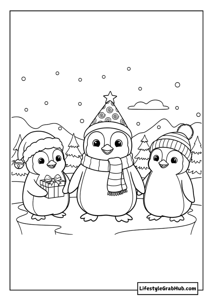 CUTE PENGUINS COLORING SHEET. CUTE CHRISTMAS COLORING PAGES