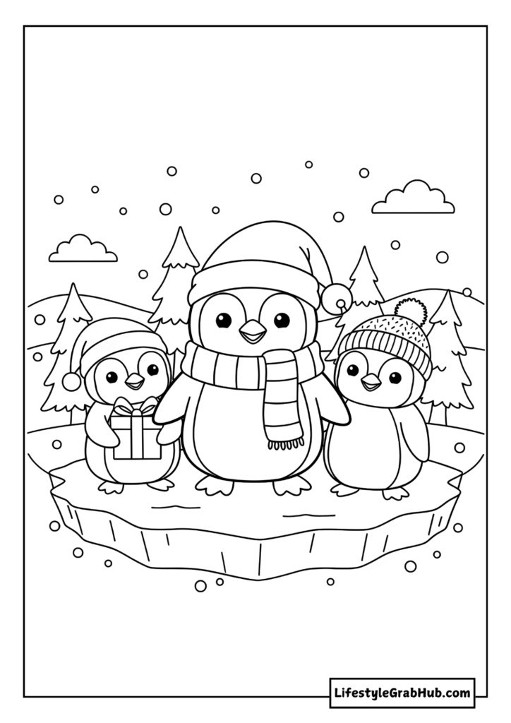 PENGUINS COLORING PAGE. CUTE CHRISTMAS COLORING PAGES