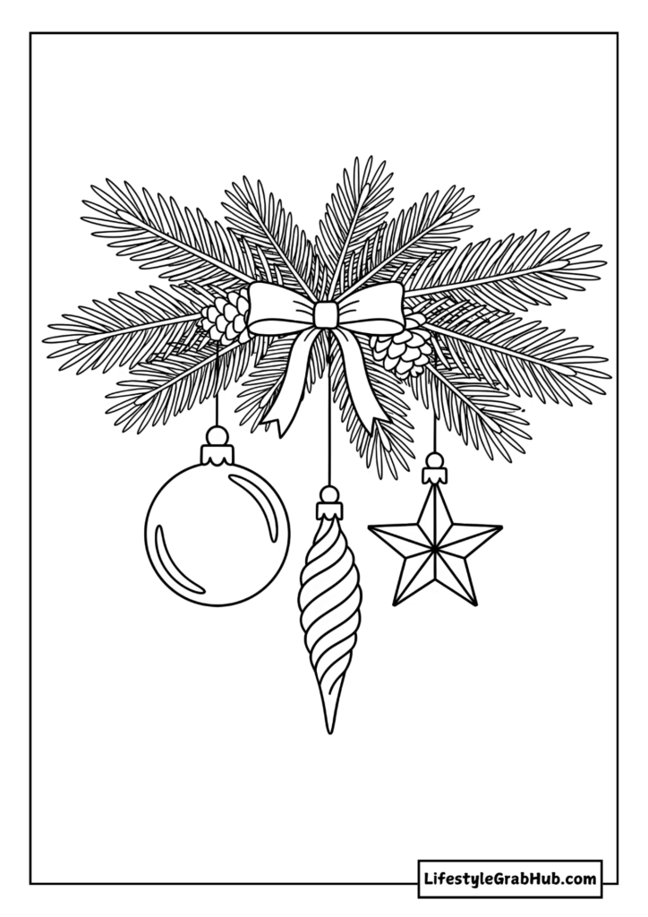 ORNAMENTS HANGING FROM PINE BRANCHES COLORING PAGE. CUTE CHRISTMAS COLORING PAGES