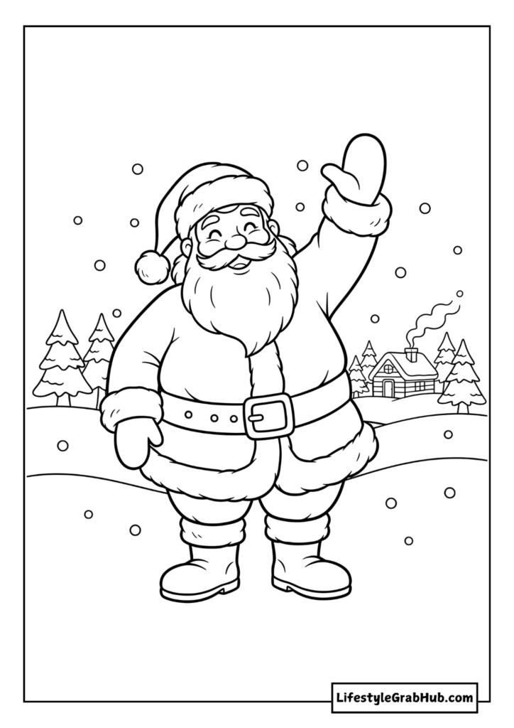 WAVING SANTA COLORING PAGE. FREE PRINTABLE CHRISTMAS COLORING PAGES