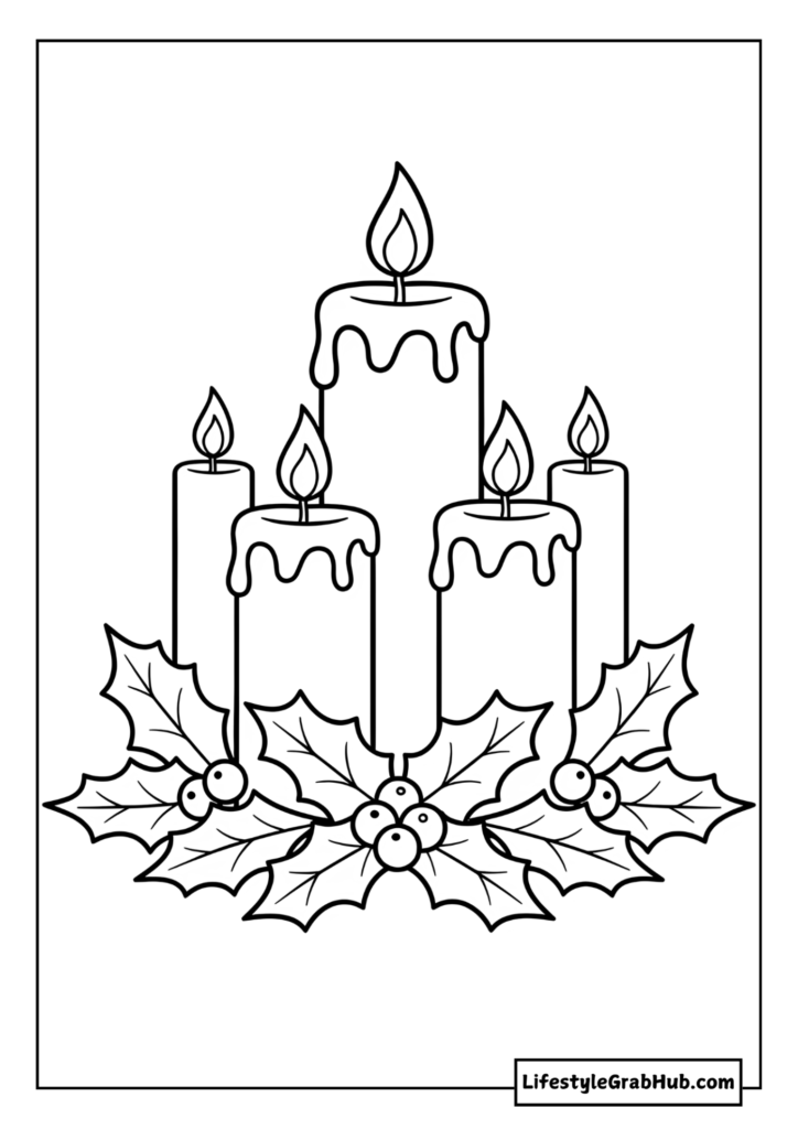 HOLIDAY CANDLES COLORING PAGE. CHRISTMAS COLORING SHEETS