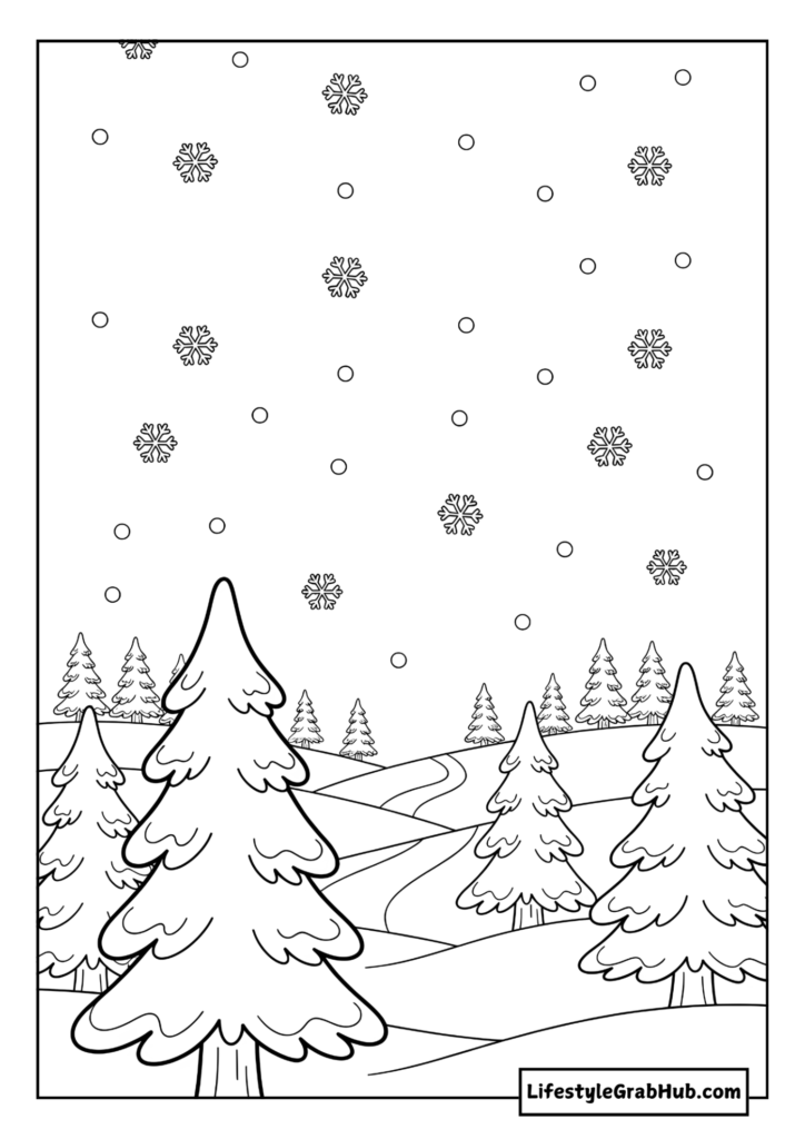 EVERGREEN FOREST UNDER SNOWFALL COLORING PAGE. CHRISTMAS COLORING SHEETS