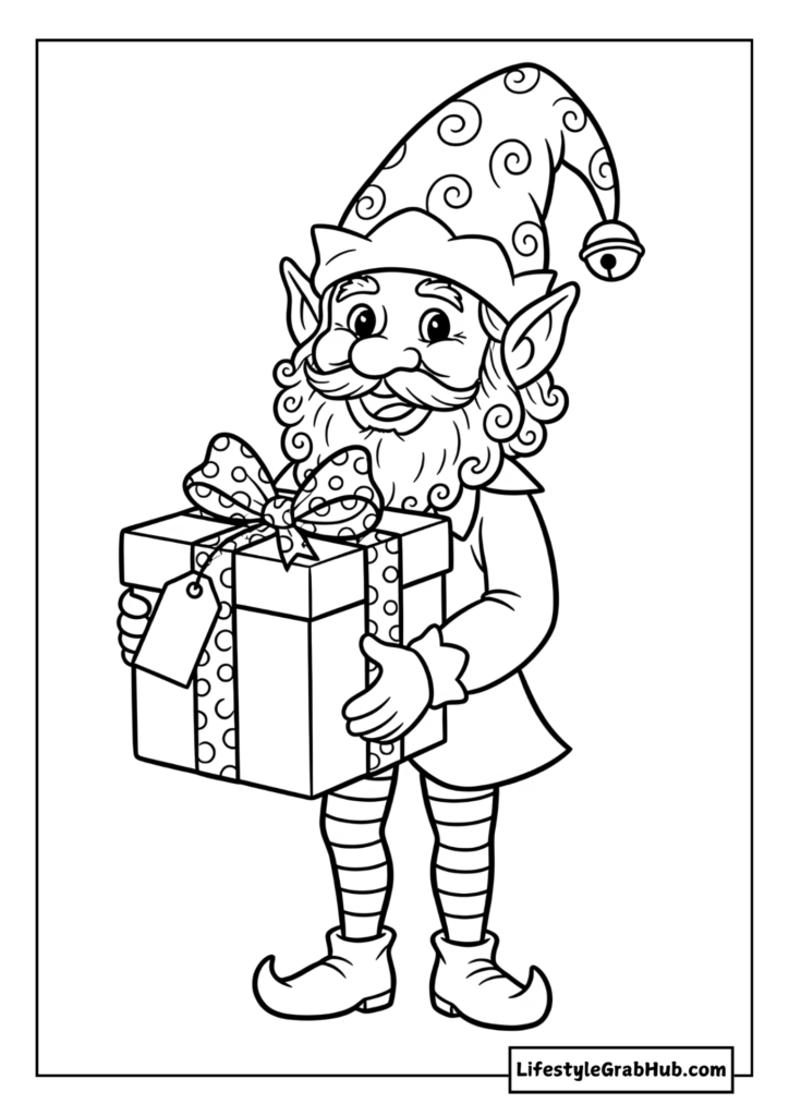 ELF HOLDING A GIFT BOX COLORING PAGE. CHRISTMAS COLORING SHEETS