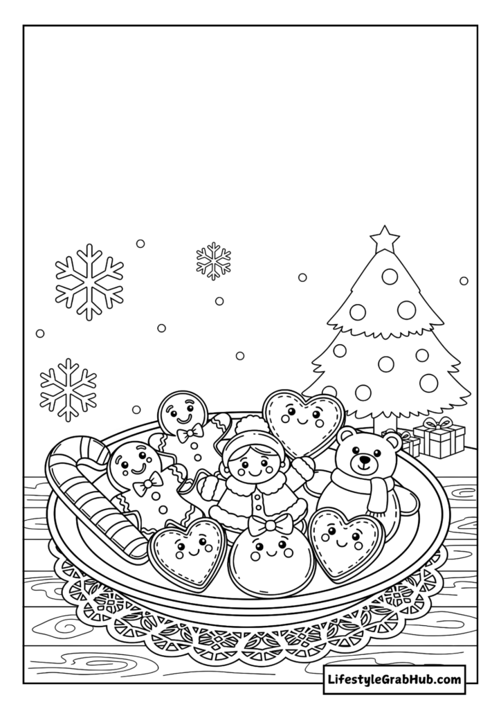 CUTE CHRISTMAS COOKIES COLORING PAGE. FREE PRINTABLE CHRISTMAS COLORING PAGES FOR ADULTS