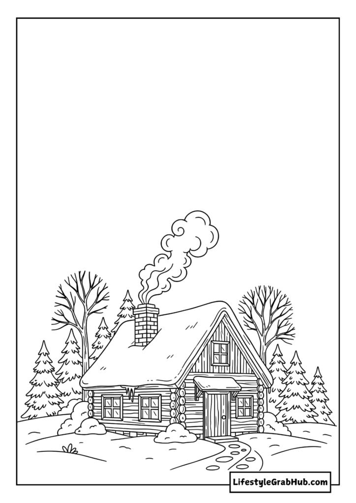 WINTER CABIN COLORING PAGE. EASY CHRISTMAS COLORING PAGES