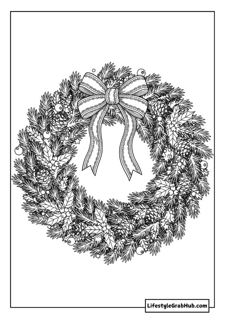 CHRISTMAS WREATH COLORING PAGE. FREE PRINTABLE CHRISTMAS COLORING PAGES FOR ADULTS
