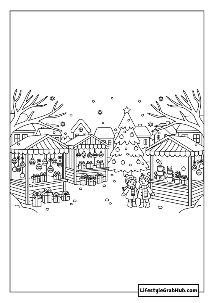 CHRISTMAS MARKET STALLS COLORING PAGE. CHRISTMAS COLORING PAGES FOR ADULTS