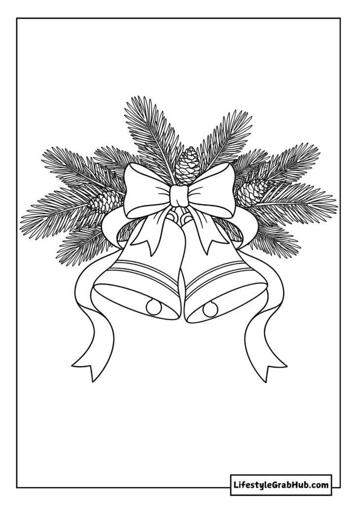 CHRISTMAS BELLS WITH RIBBON COLORING PAGE. CHRISTMAS COLORING PAGES FOR ADULTS