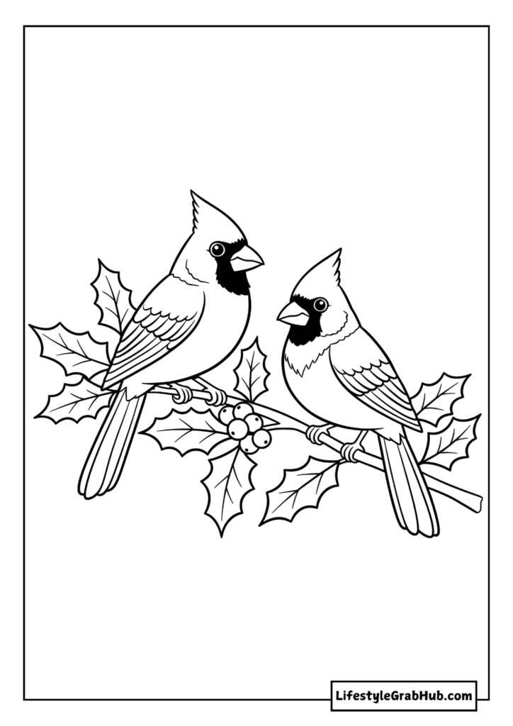 CARDINALS SITTING ON A HOLLY COLORING PAGE. CHRISTMAS COLORING PAGES FOR ADULTS