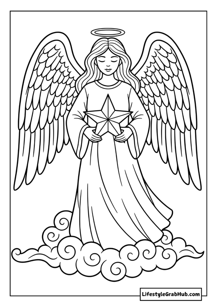 ANGEL HOLDING A STAR COLORING PAGE. CHRISTMAS COLORING PAGES FOR ADULTS