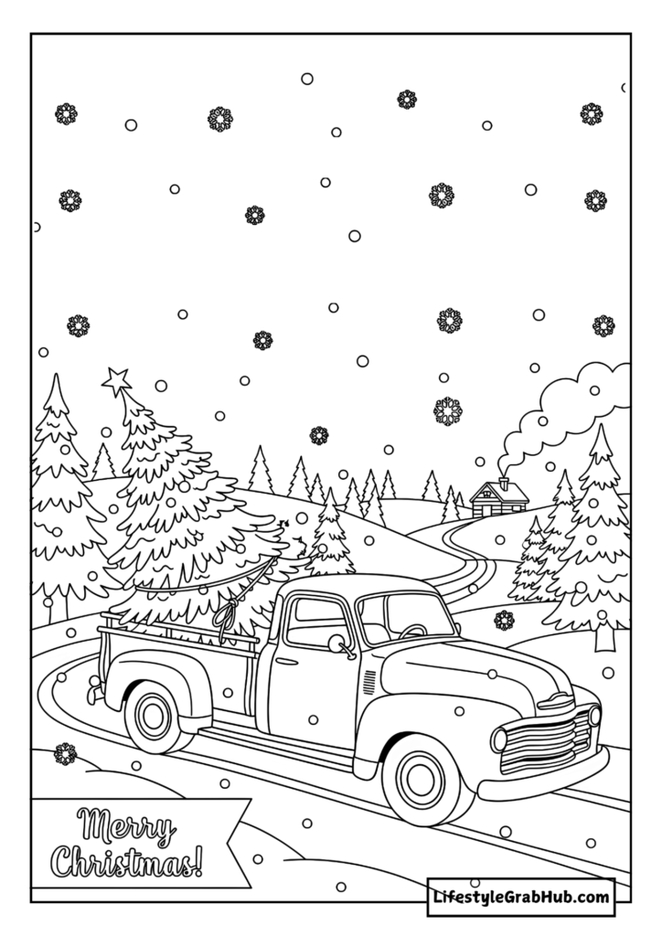 VINTAGE TRUCK CARRYING A CHRISTMAS TREE COLORING PAGE. EASY CHRISTMAS COLORING PAGES