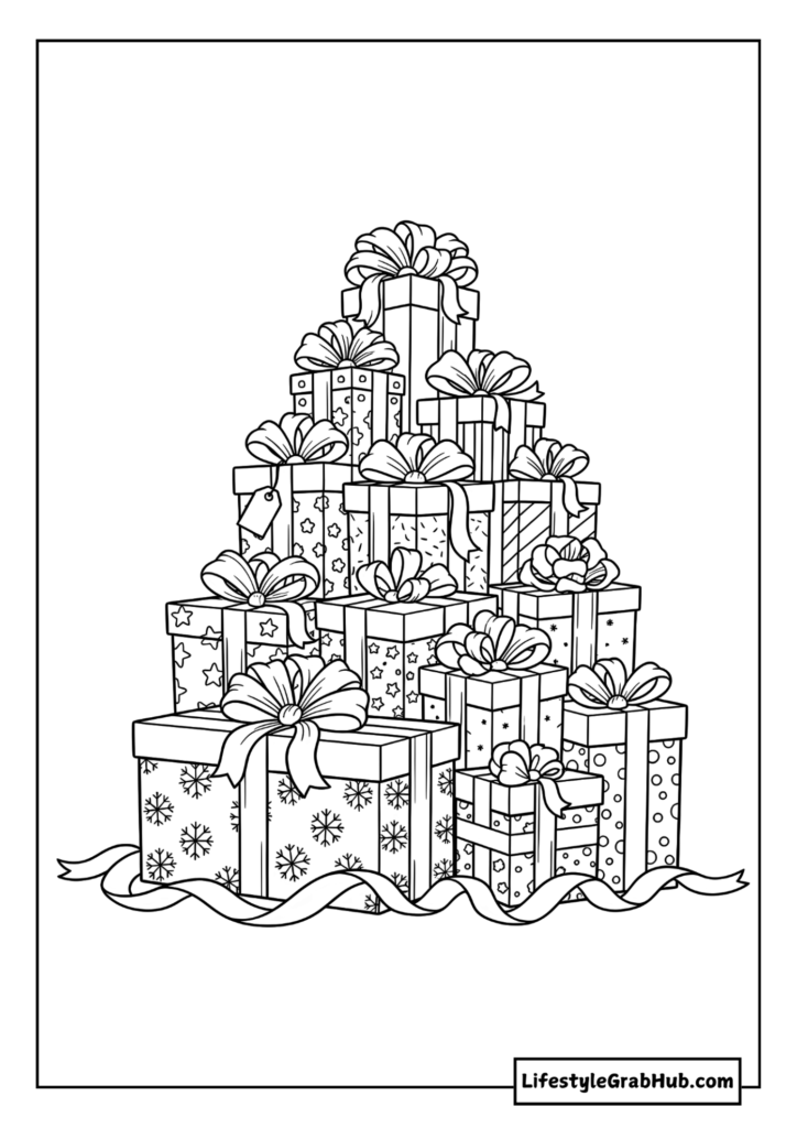 STACK OF CHRISTMAS PRESENTS COLORING PAGE. FREE PRINTABLE CHRISTMAS COLORING PAGES