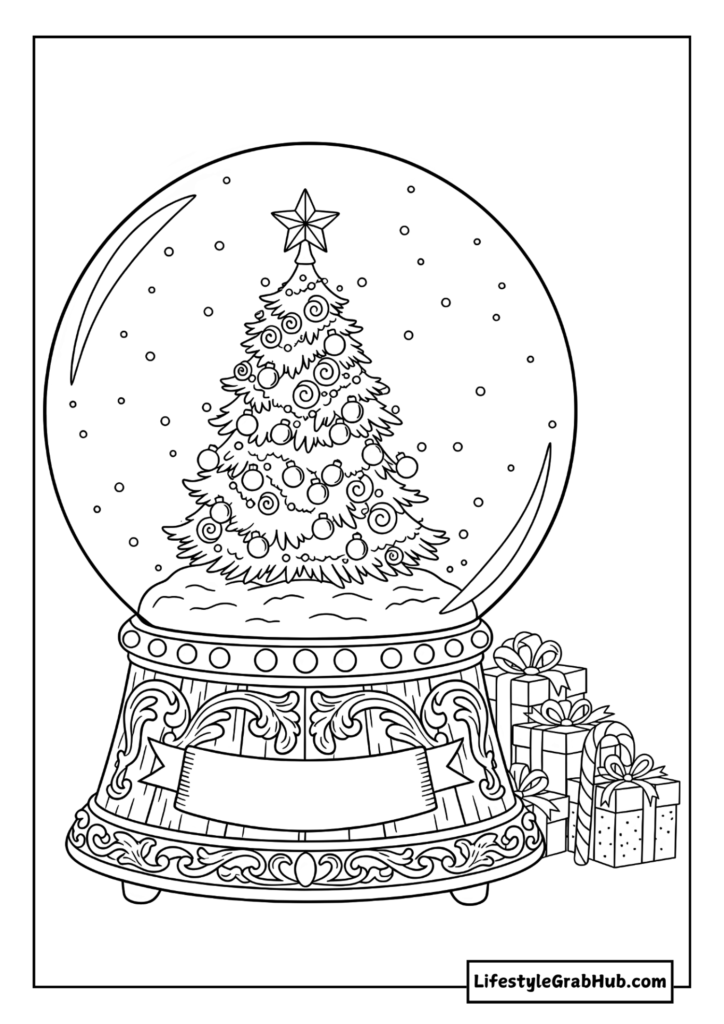 SNOW GLOBE COLORING PAGE. FREE PRINTABLE CHRISTMAS COLORING PAGES