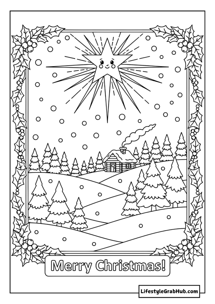 SHINING CHRISTMAS STAR COLORING PAGE. FREE PRINTABLE CHRISTMAS COLORING PAGES