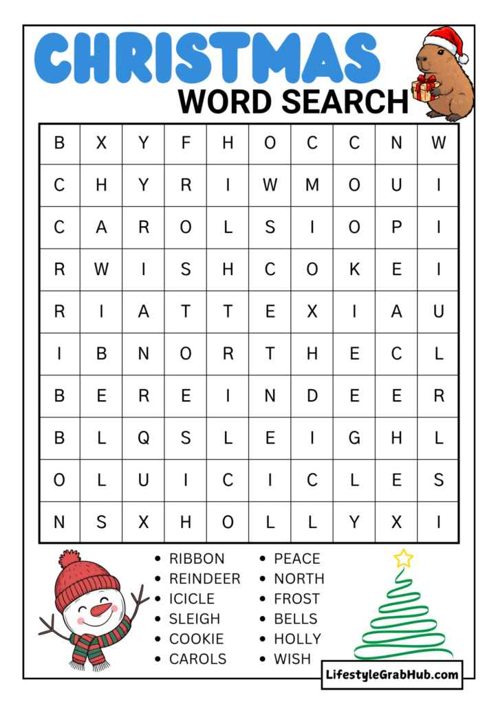 EASY CHRISTMAS WORD SEARCH PDF FOR KIDS