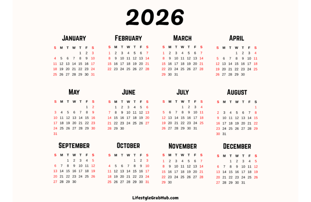 BASIC BLACK AND WHITE 2026 CALENDAR PRINTABLE LANDSCAPE