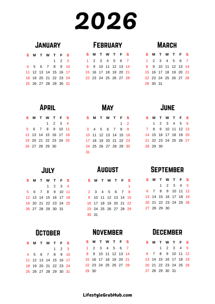 FREE PRINTABLE BASIC BLACK AND WHITE 2026 CALENDAR PORTRAIT