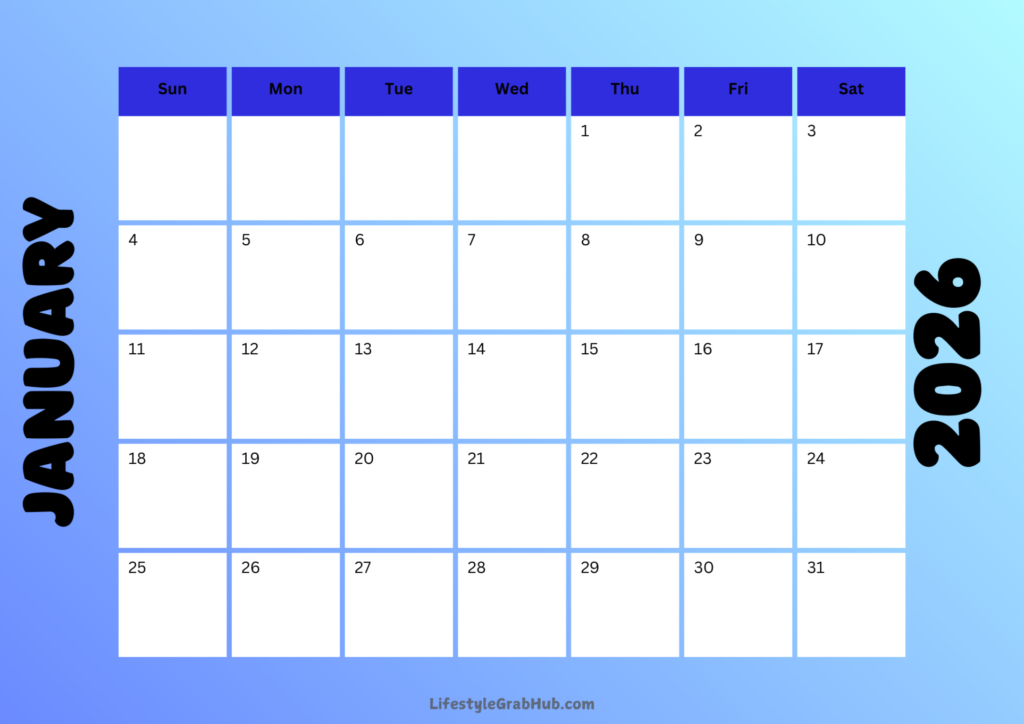 PRINTABLE JANAURY 2026 CALENDAR